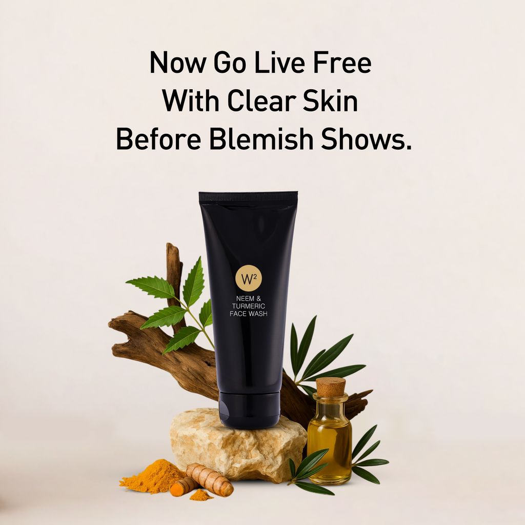 Black face wash tube with natural elements on a light background, promoting clear skin.