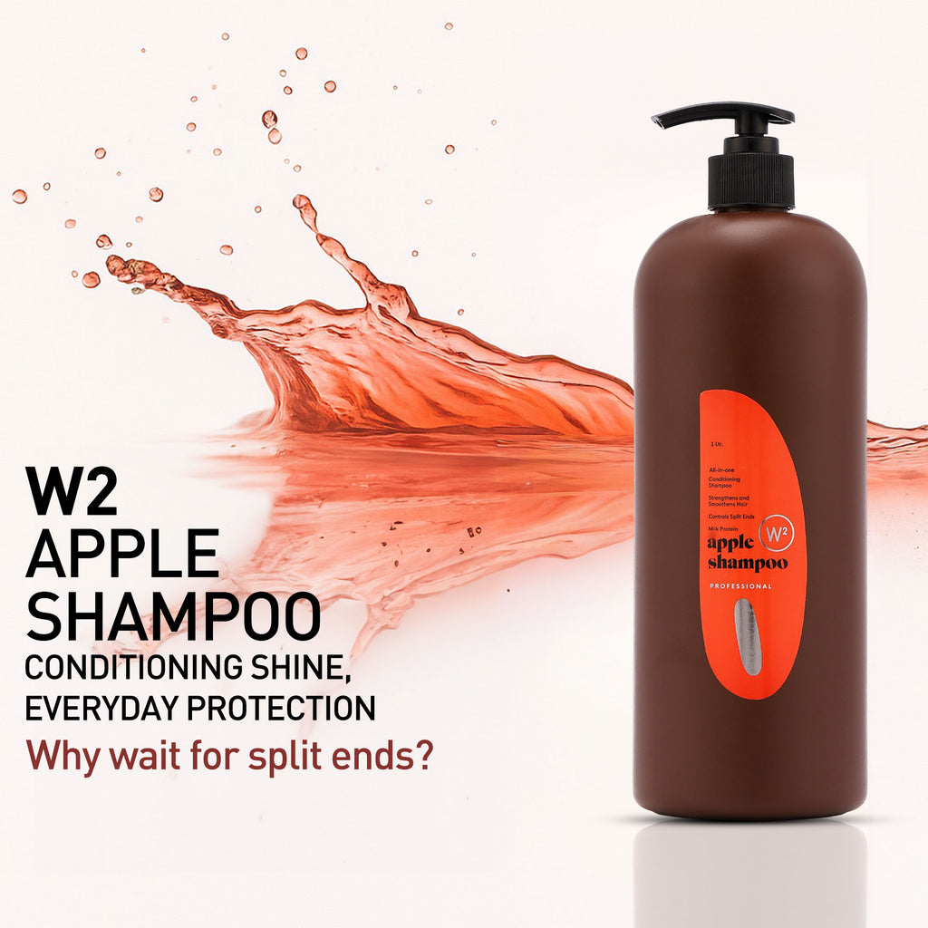 W2 Apple Shampoo bottle with shampoo splash on a white background