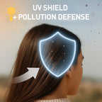 Person with a shield over their head labeled 'UV Shield + Pollution Defense' against a blurred outdoor background.