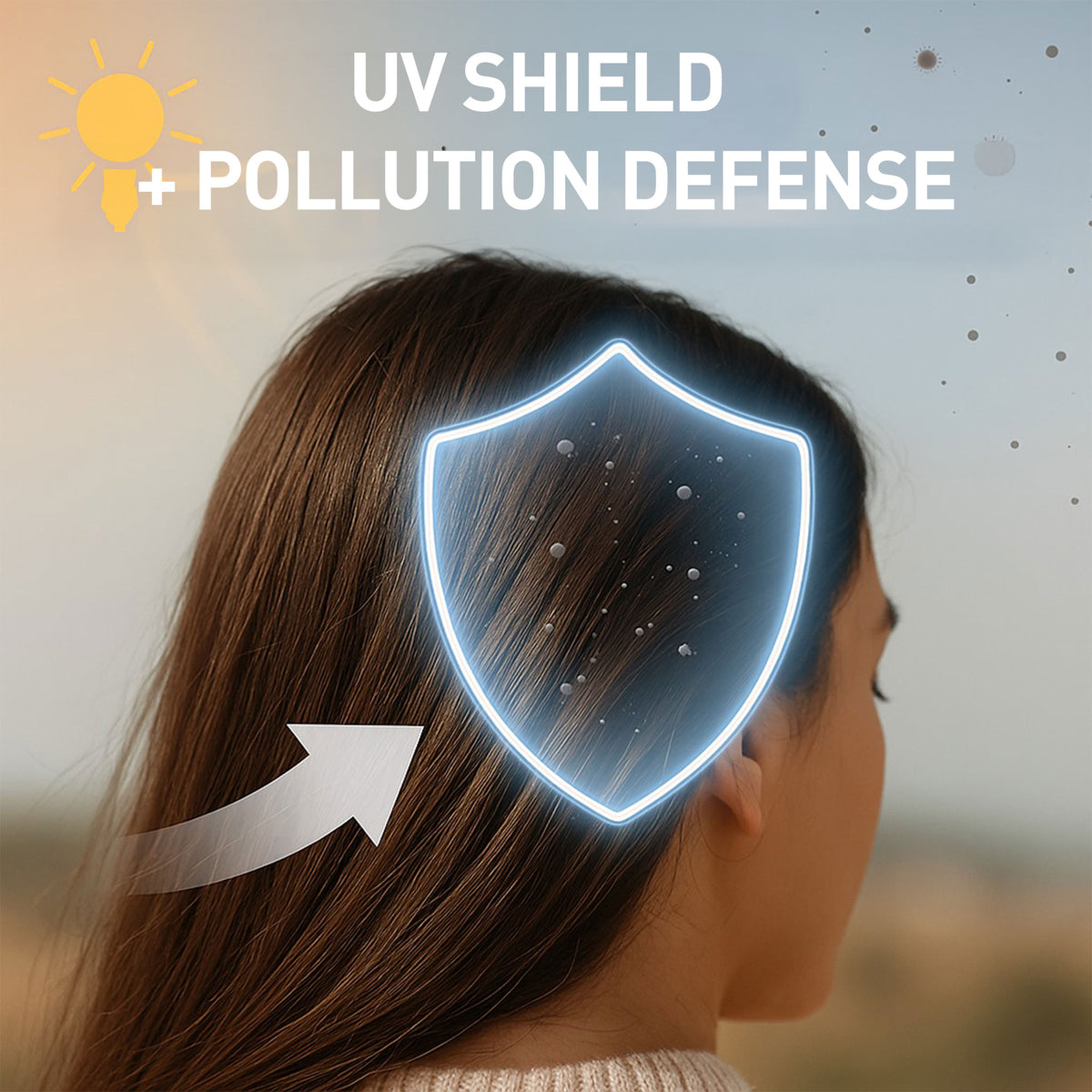 Person with a shield over their head labeled 'UV Shield + Pollution Defense' against a blurred outdoor background.