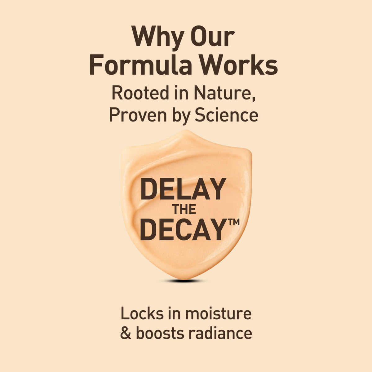 Cosmetic product with 'Delay the Decay' text on a beige background