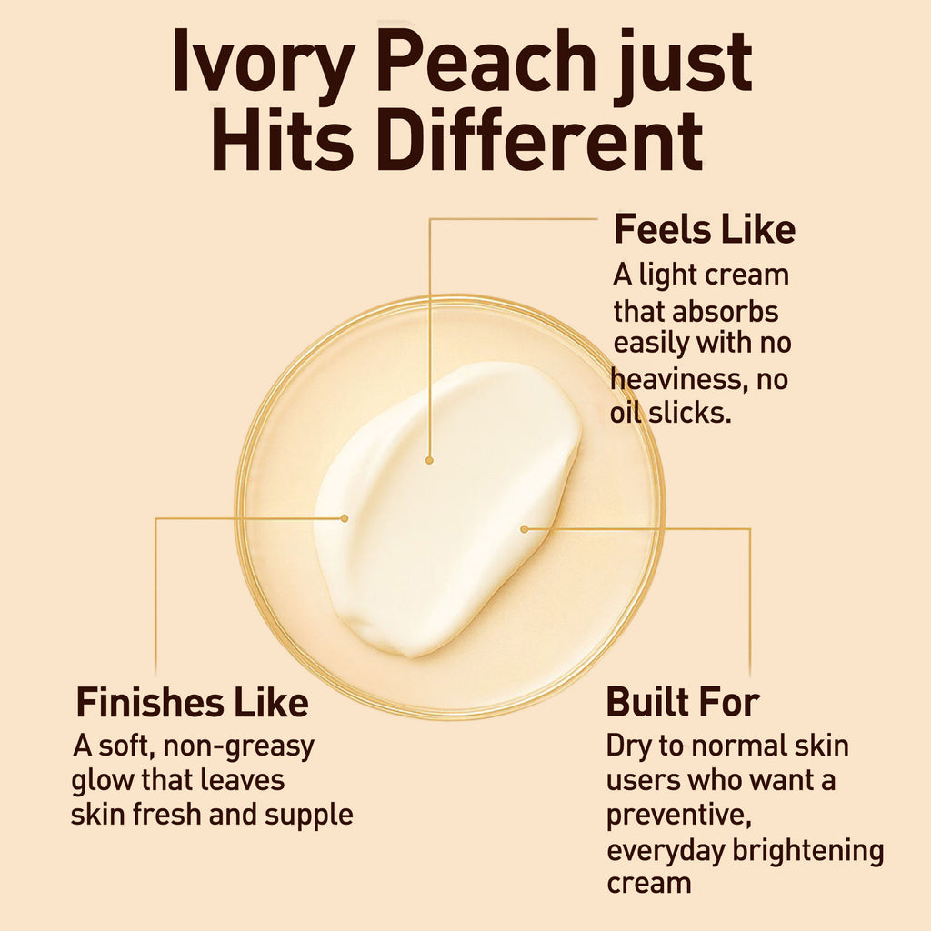 Promotional graphic for Ivory Peach cream with text describing its features on a beige background.