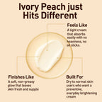 Promotional graphic for Ivory Peach cream with text describing its features on a beige background.