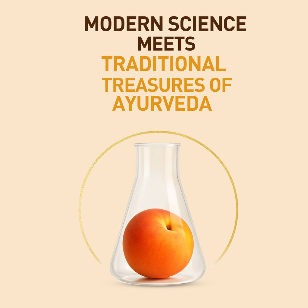 Clear glass beaker with an orange fruit on a beige background with text about modern science and Ayurveda.