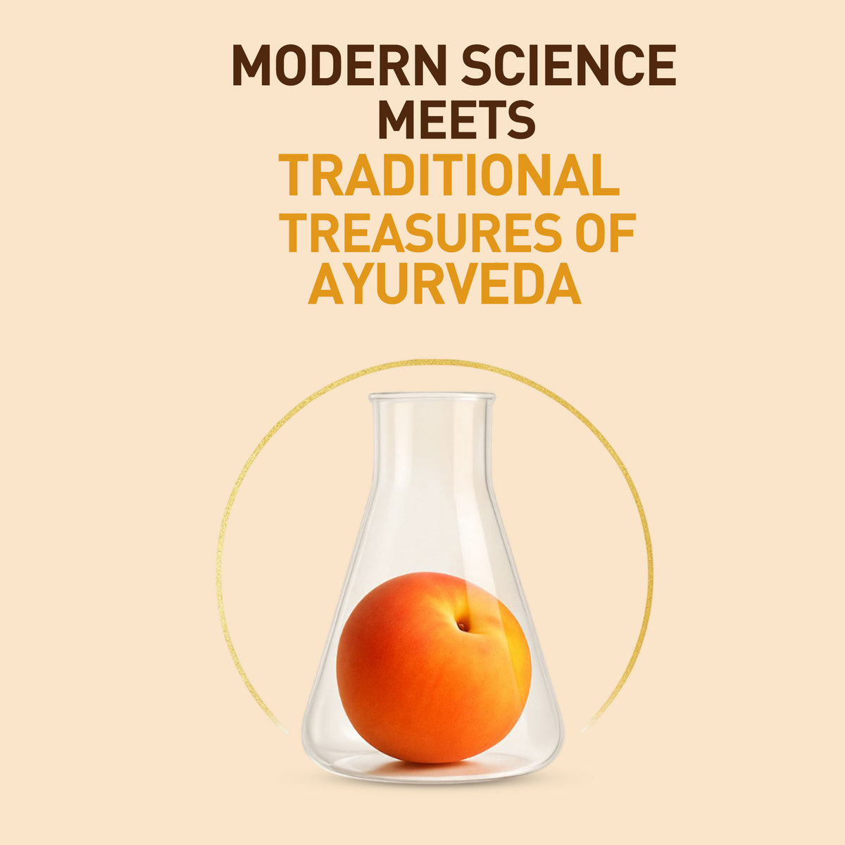 Clear glass beaker with an orange fruit on a beige background with text about modern science and Ayurveda.