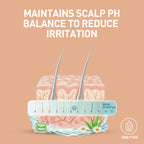 Illustration of scalp with hair and pH scale, text about maintaining scalp pH balance.