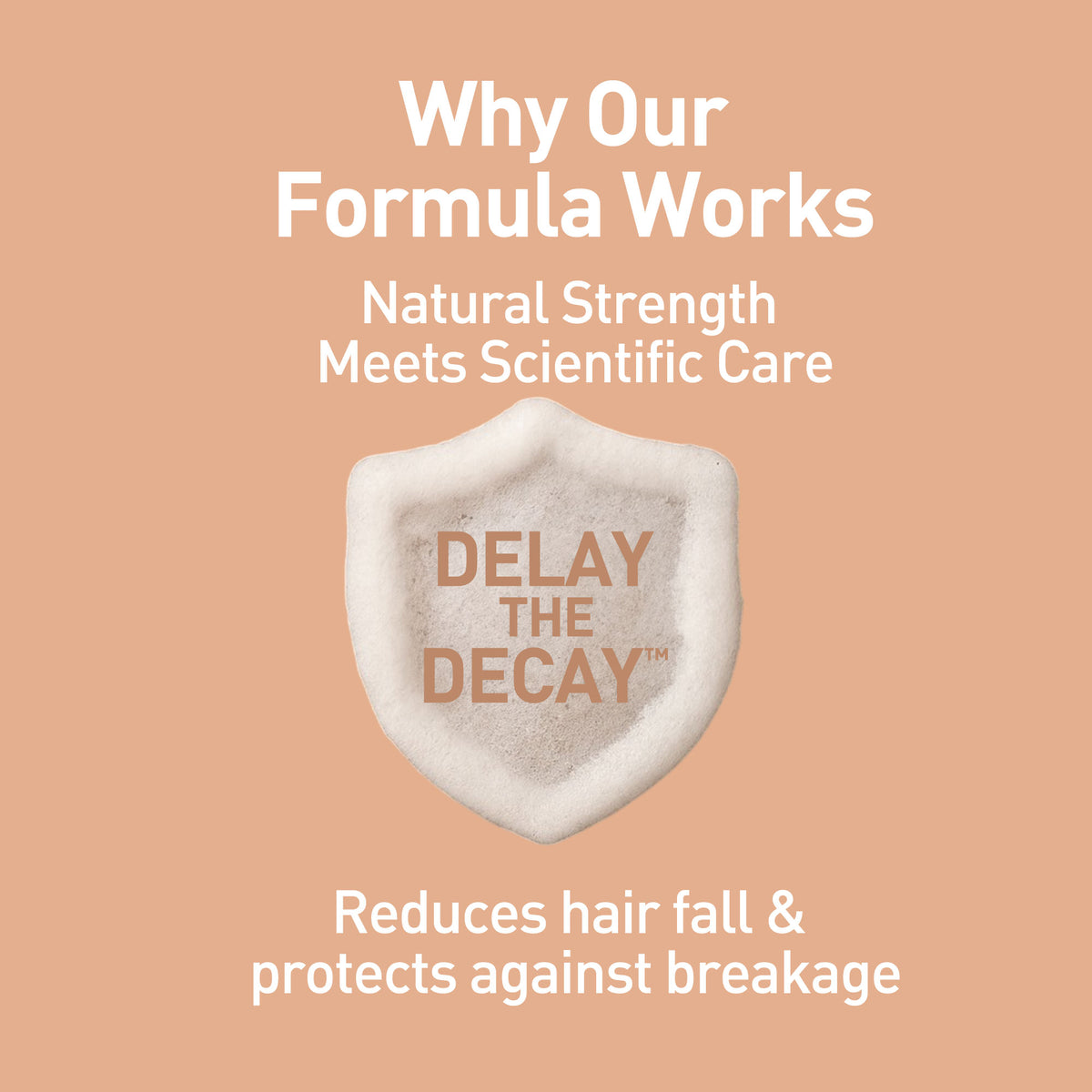 Product packaging with 'Delay the Decay' text on a peach background, featuring text about natural strength and scientific care.