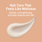 Hair care product with text on a peach background