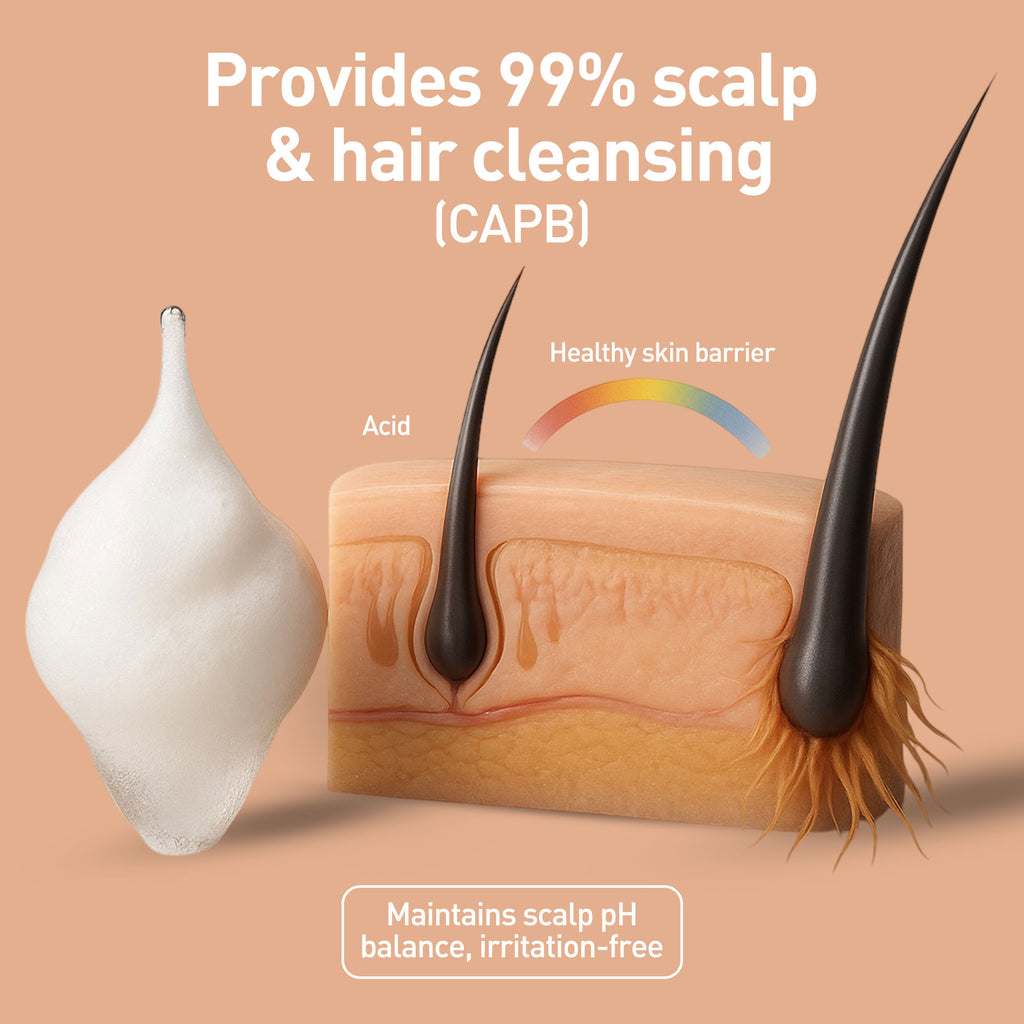 Product with scalp and hair cleansing benefits on a beige background