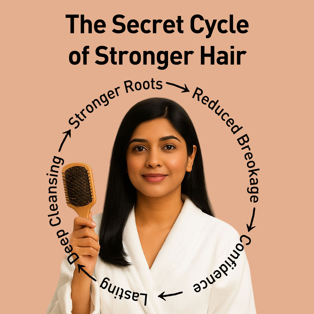 Woman holding a hairbrush with text about the secret cycle of stronger hair on a beige background