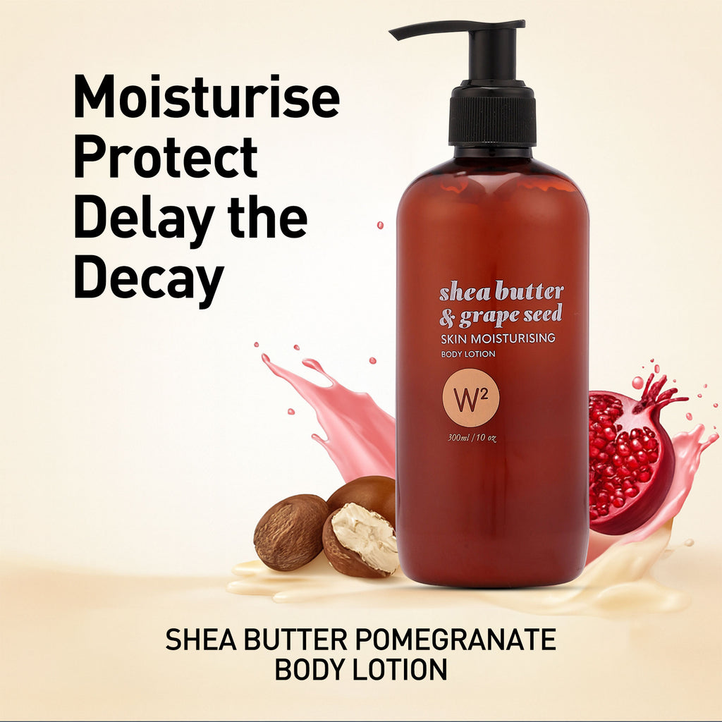 Shea butter and grape seed body lotion with pomegranate elements on a beige background