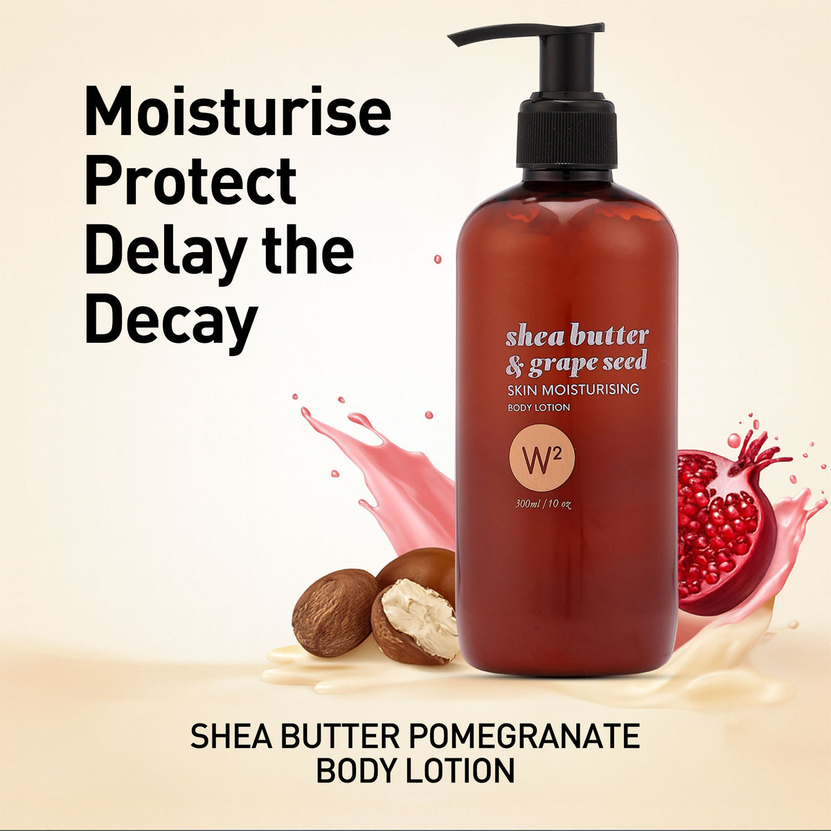 Shea butter and grape seed body lotion with pomegranate elements on a beige background