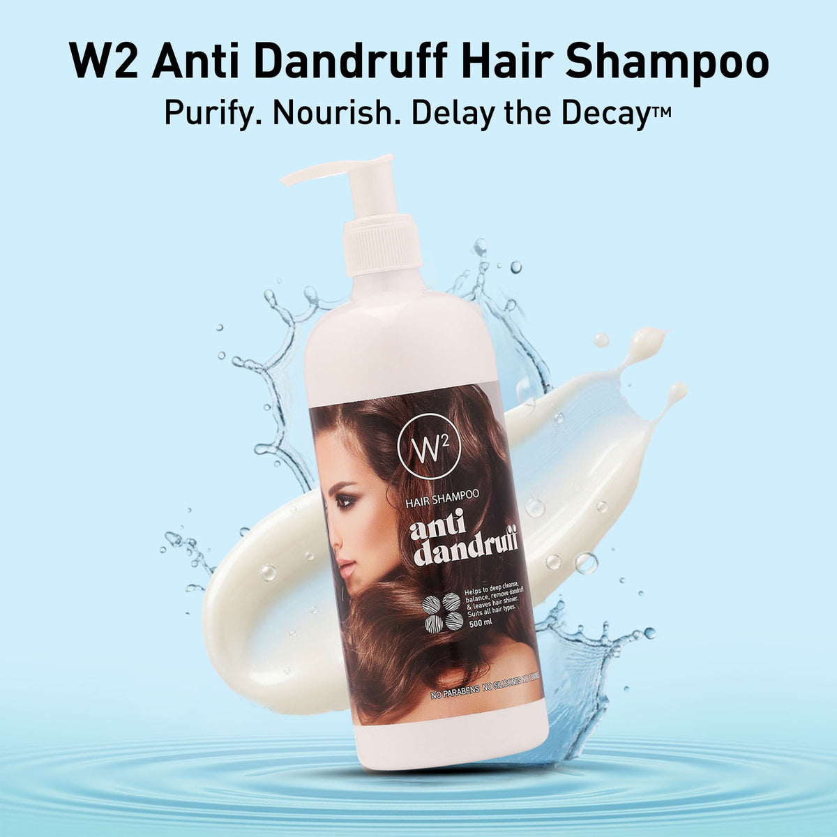W2 Anti Dandruff Hair Shampoo bottle with water splash on a light blue background
