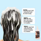 Person with foamy hair and shampoo bottle on a light blue background
