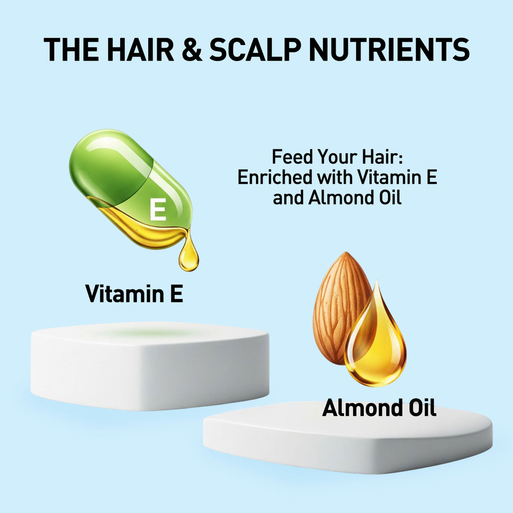 Hair and scalp nutrients with Vitamin E and Almond Oil on a light blue background