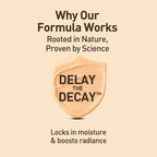 Cosmetic product with 'Delay the Decay' text on a beige background