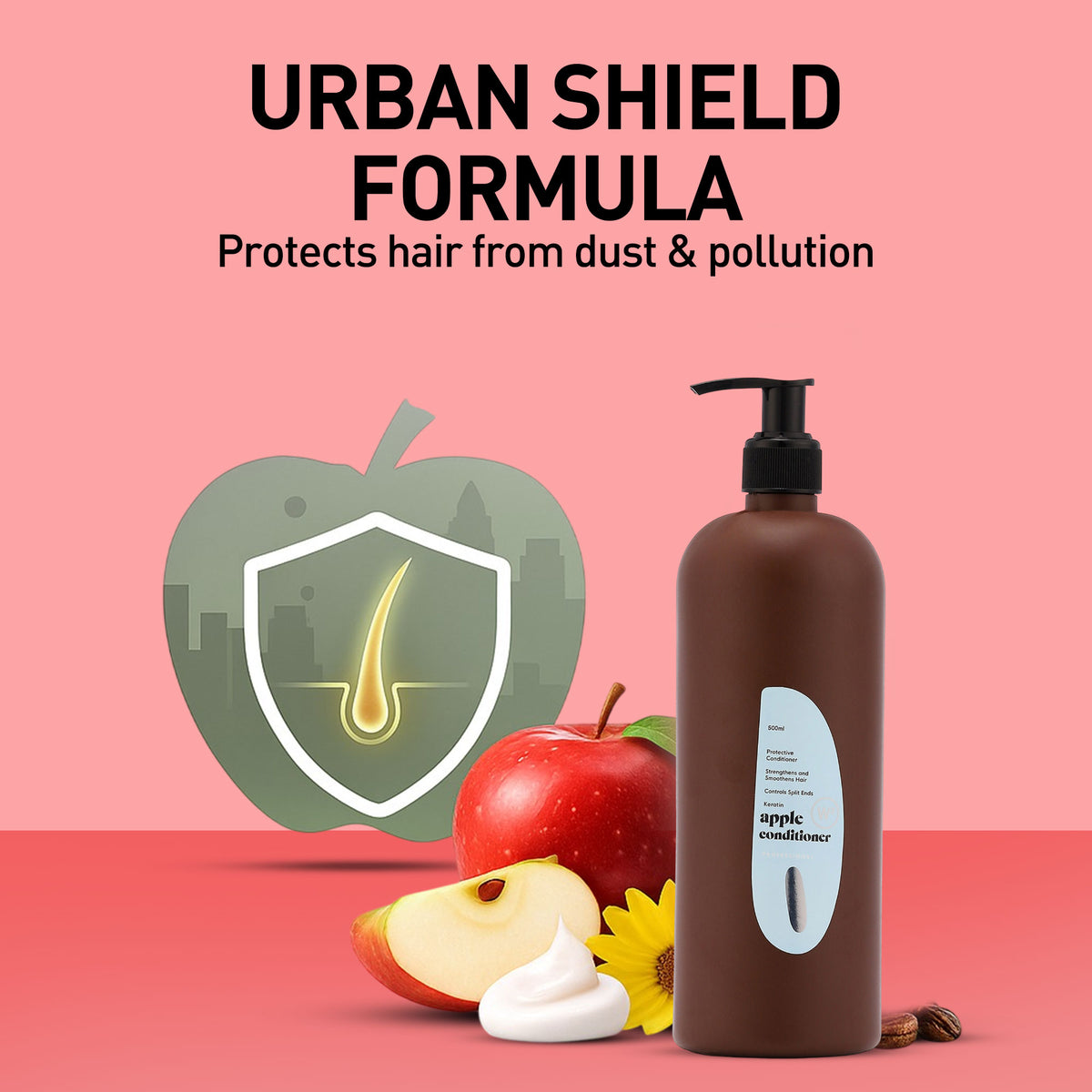 Brown bottle of apple conditioner with an apple and apple slices on a pink background, featuring 'Urban Shield Formula'.