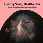 Illustration of a scalp with apples representing antioxidants on a pink background.
