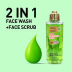 2-in-1 face wash and scrub bottle with green drop on a light green background