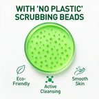 Green scrubber with text highlighting 'no plastic' scrubbings beads and eco-friendly benefits on a white background.