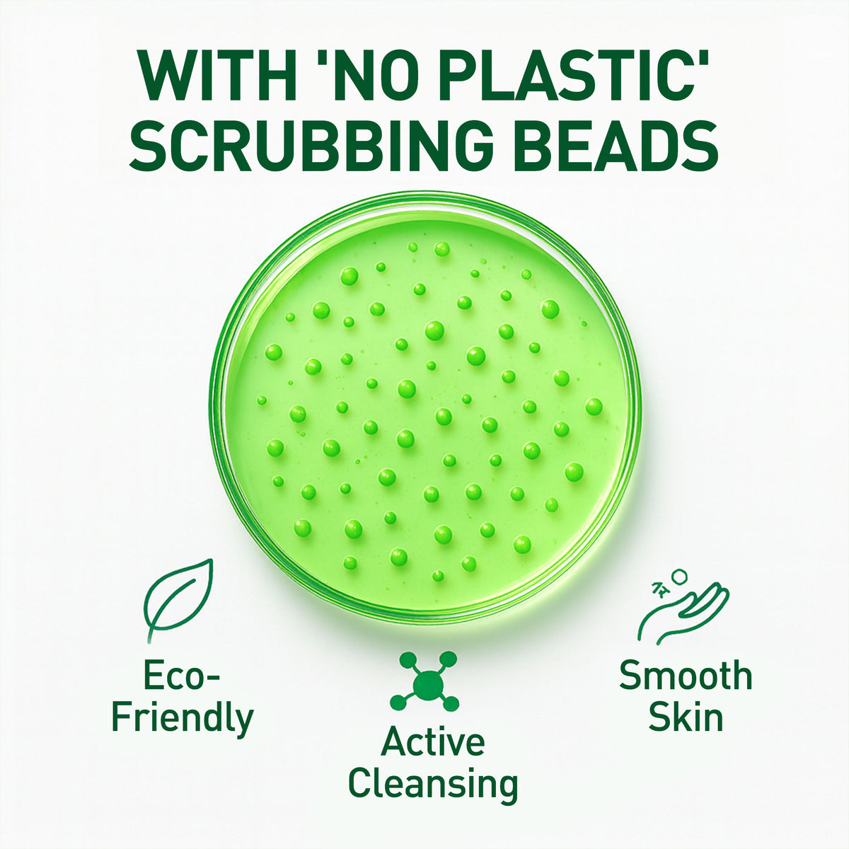 Green scrubber with text highlighting 'no plastic' scrubbings beads and eco-friendly benefits on a white background.