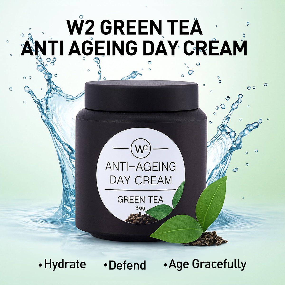 W2 Green Tea Anti-Ageing Day Cream jar with green tea leaves and water splash on a light green background