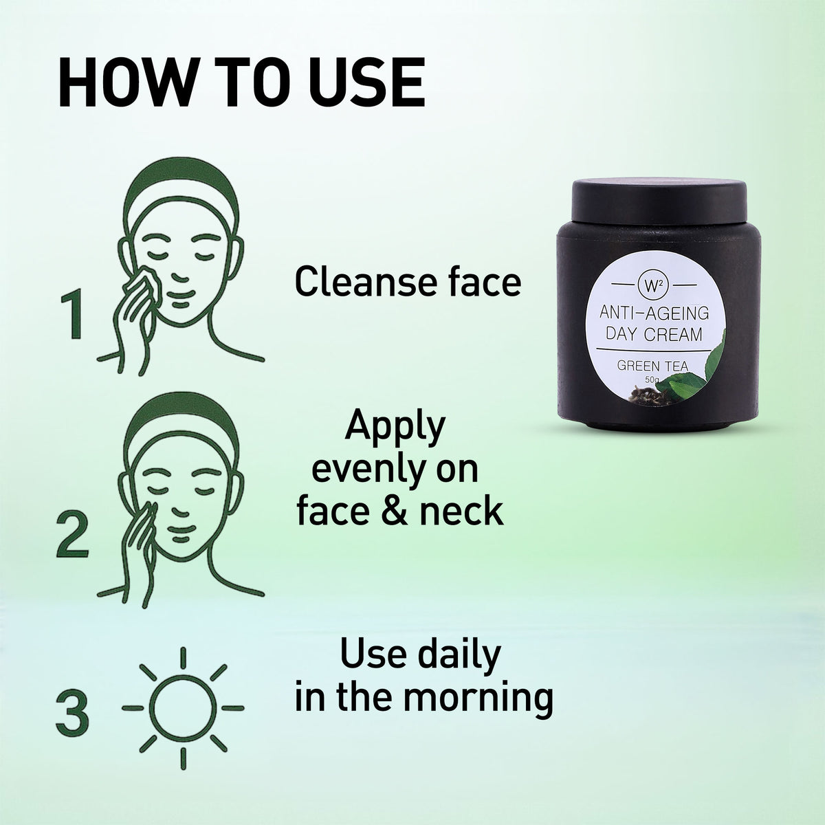 Anti-aging day cream with usage instructions on a green background