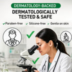 Woman in a lab coat using a microscope with dermatology branding and safety features.