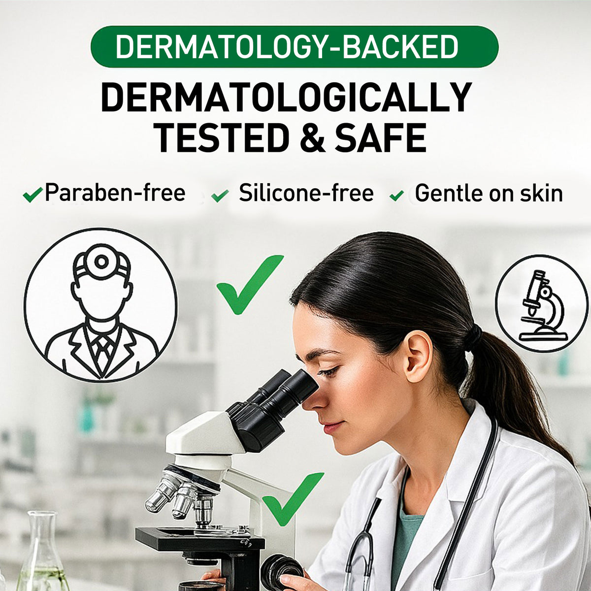 Woman in a lab coat using a microscope with dermatology branding and safety features.