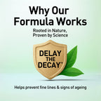 Promotional graphic for a skincare formula with a shield and leaves on a light green background.