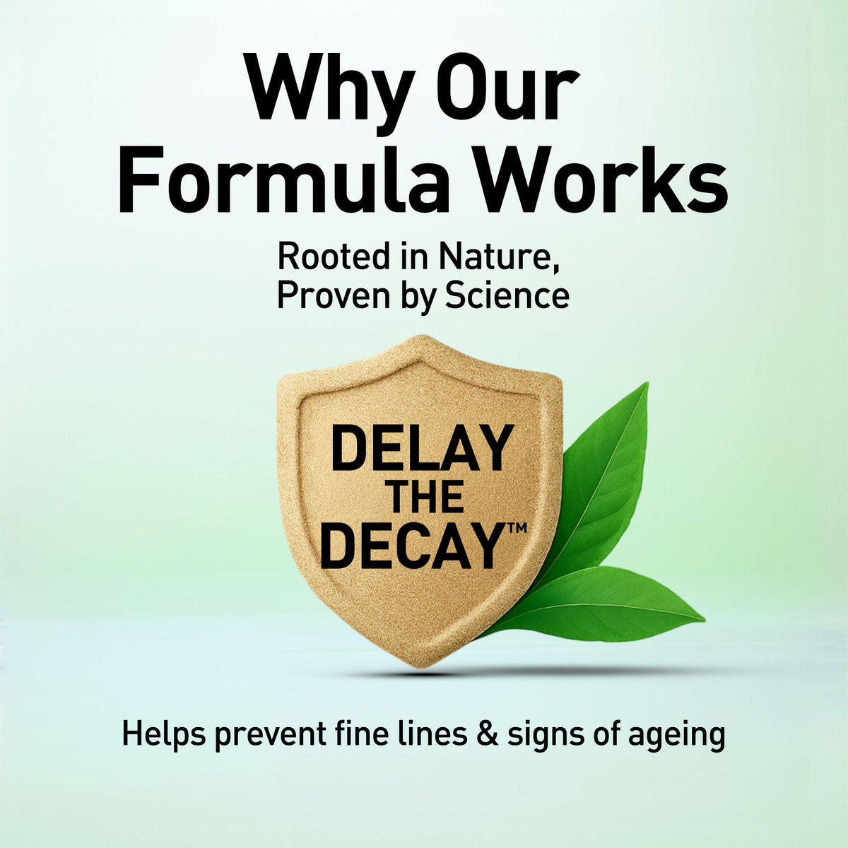 Promotional graphic for a skincare formula with a shield and leaves on a light green background.