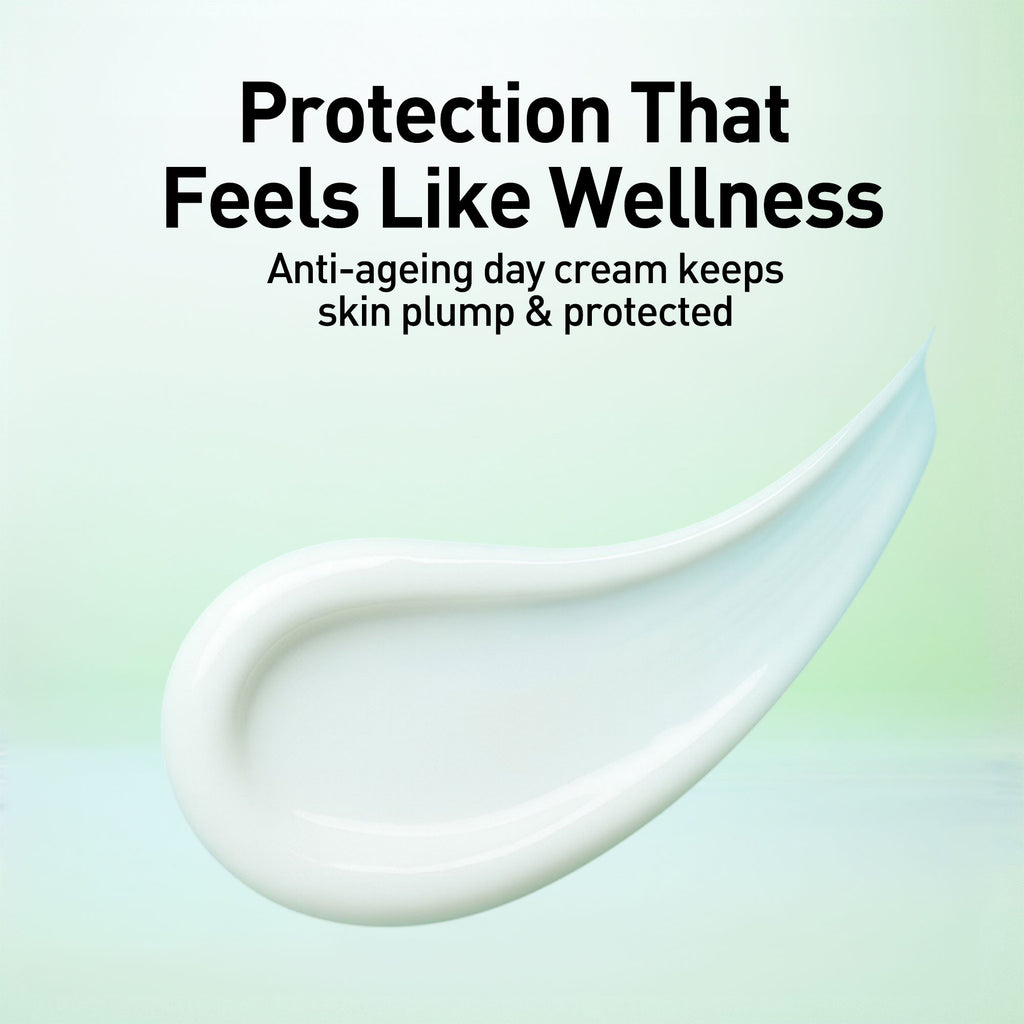 Anti-ageing day cream with a smooth texture on a light green background, featuring text about skin plumpness and protection.