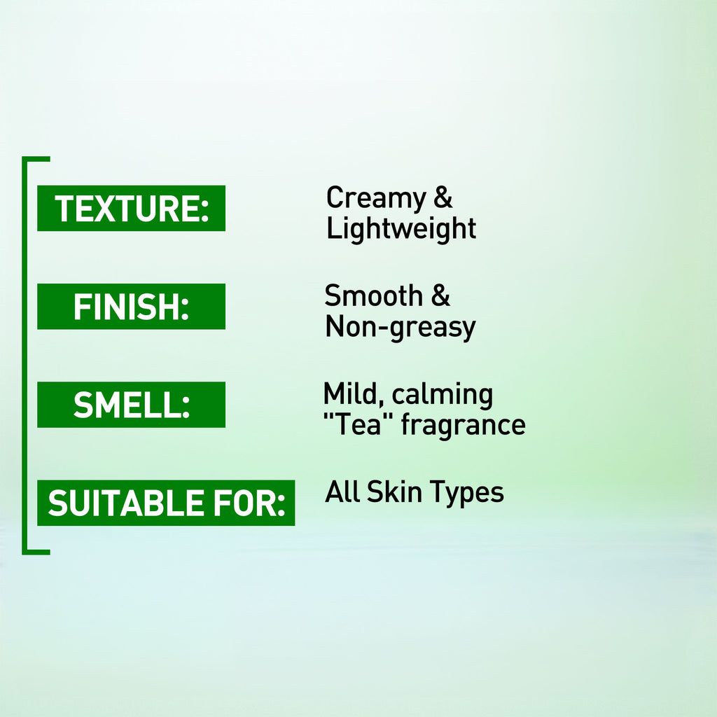 Product description card with text on texture, finish, smell, and suitability for skin types.