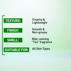 Product description card with text on texture, finish, smell, and suitability for skin types.