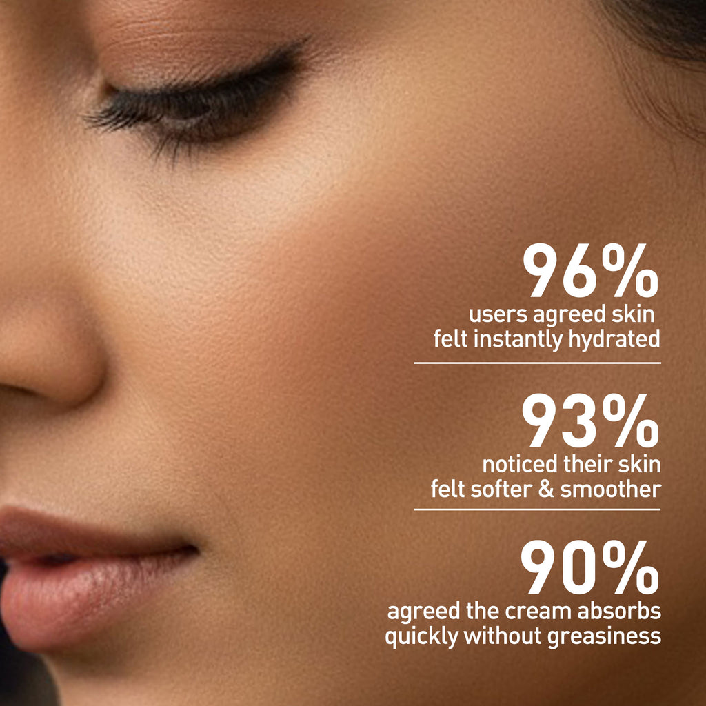 Close-up of a woman's face with skincare product benefits text overlay