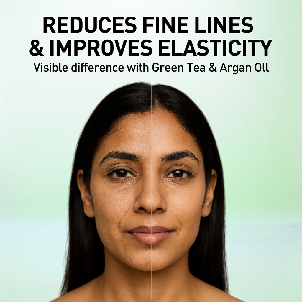 Woman's face split down the middle with text about skincare benefits on a light green background