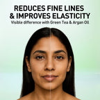 Woman's face split down the middle with text about skincare benefits on a light green background