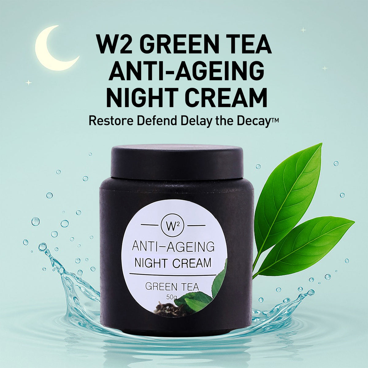 W2 Green Tea Anti-Ageing Night Cream jar with green leaves and water droplets on a light blue background
