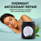 Woman sleeping with an anti-aging night cream jar labeled 'Green Tea' on a light blue background