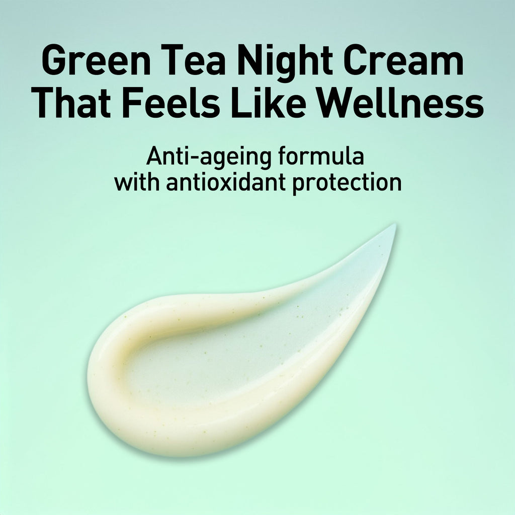 Green tea night cream with text on a light green background