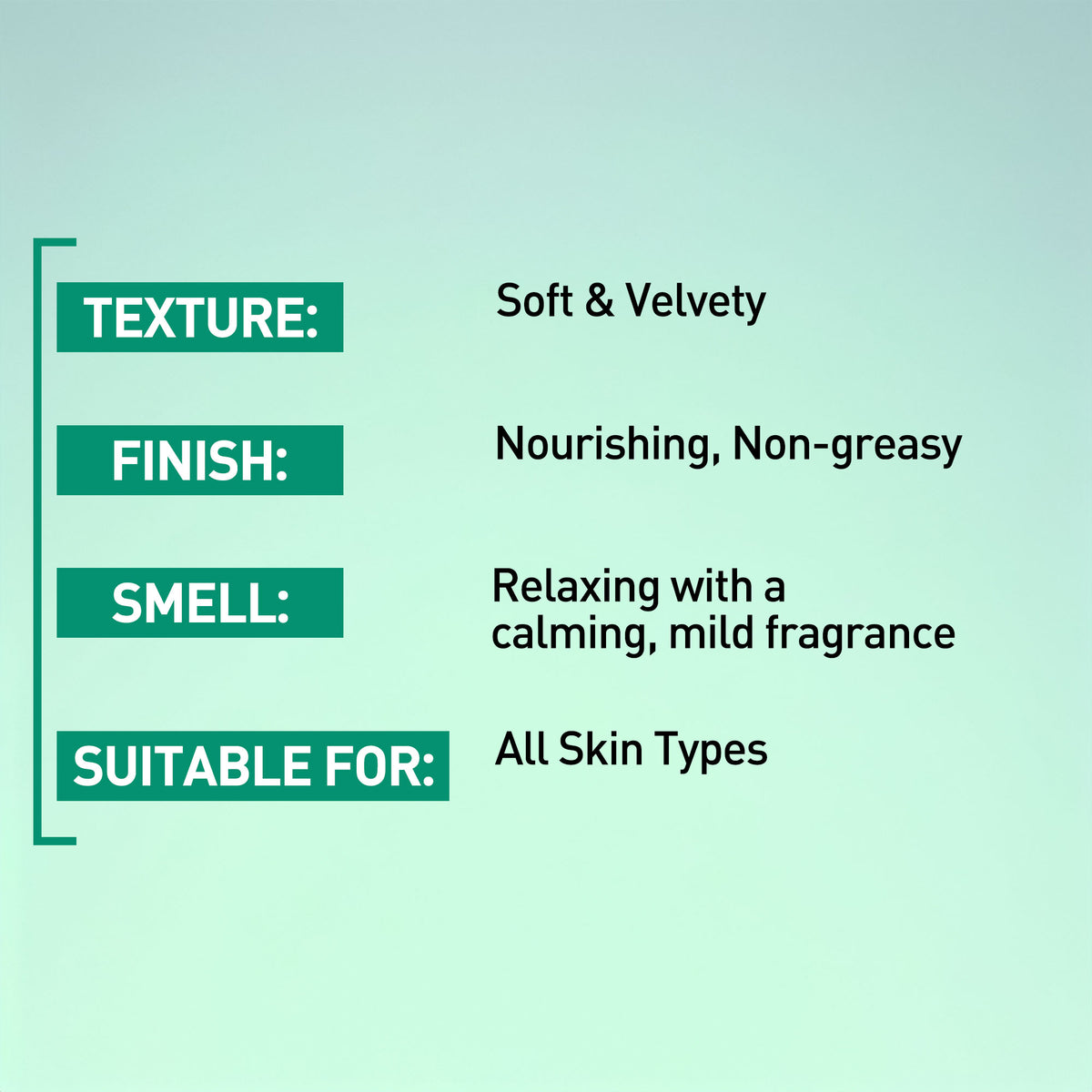 Product description card with texture, finish, smell, and suitability for skin types on a light green background.