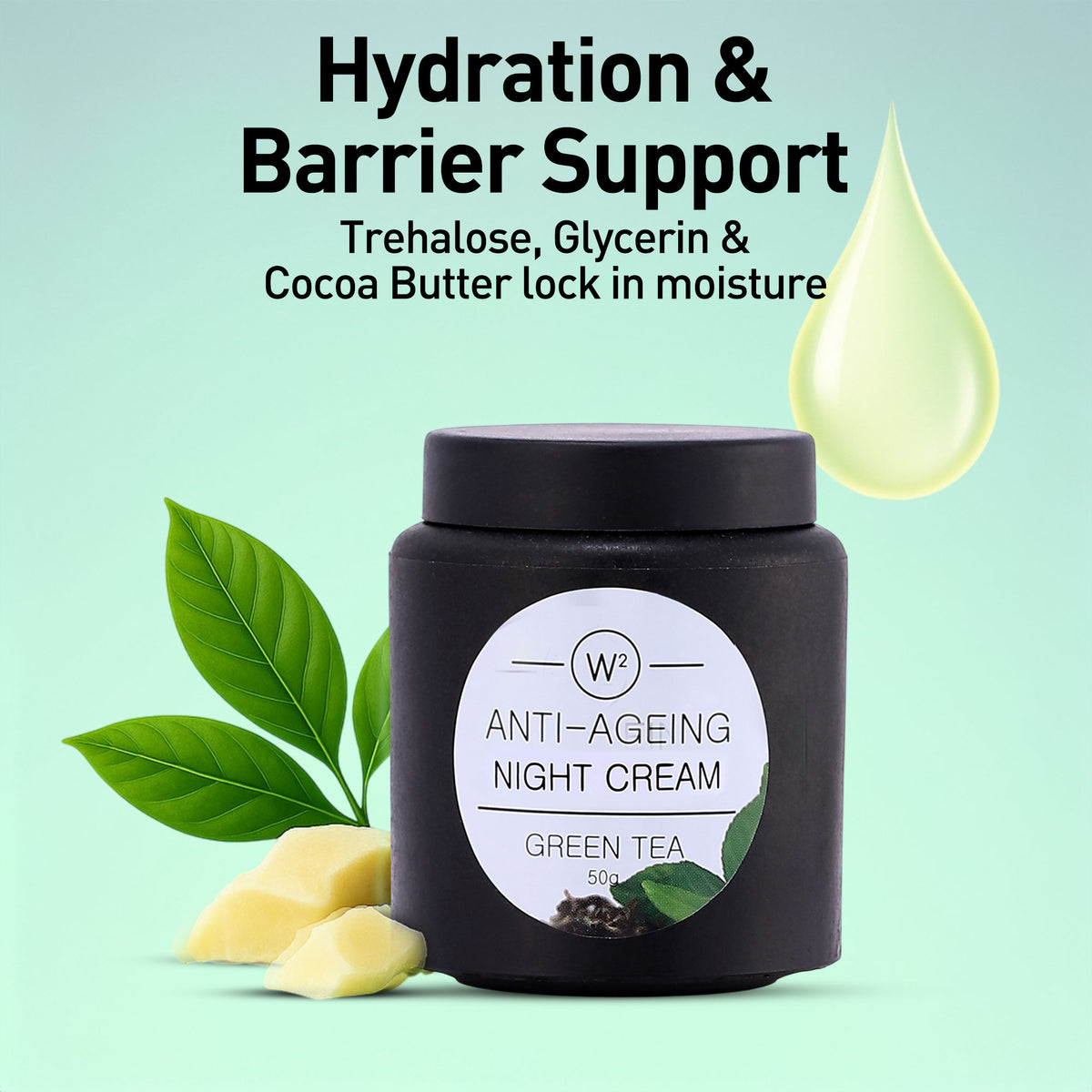 Anti-aging night cream jar with green tea leaves and cocoa butter on a light green background