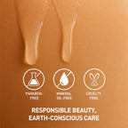 Close-up of a skincare product application with 'paraben-free', 'mineral oil-free', and 'cruelty-free' icons on a brown background.