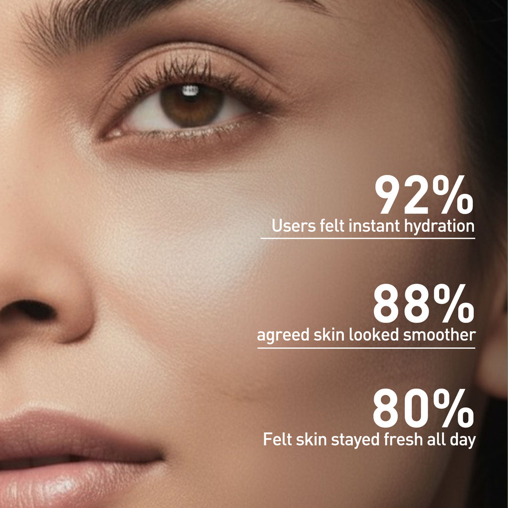 Close-up of a person's face with skincare product application, showing hydration and smoothness statistics.