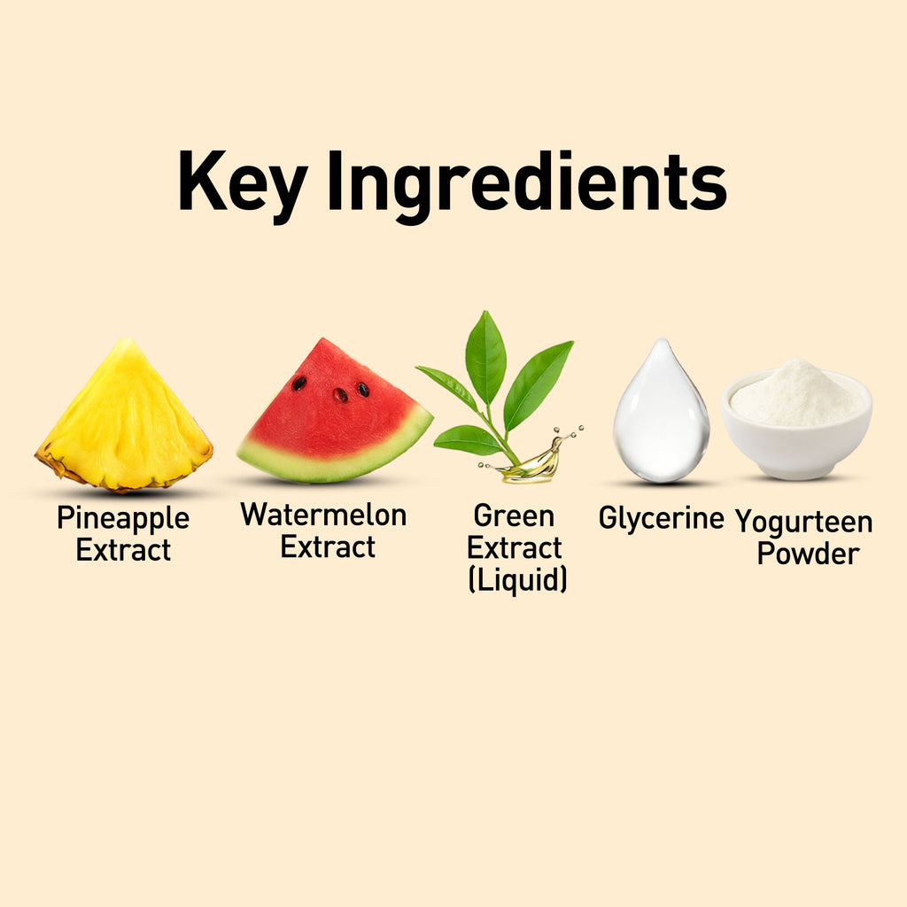 List of key ingredients including pineapple extract, watermelon extract, green extract, glycerine, and yogurtteen powder on a beige background.