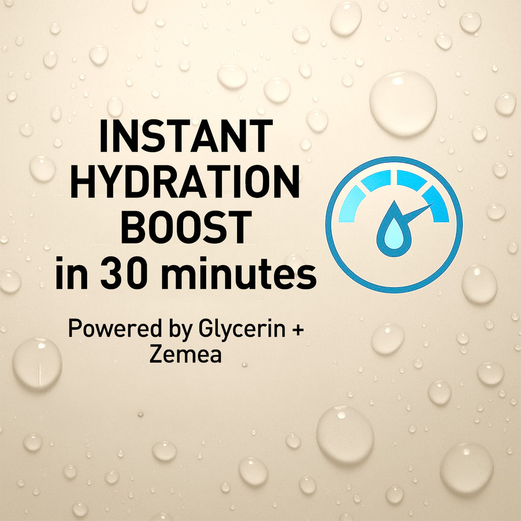 Advertisement for instant hydration boost with text and water droplet graphics on a beige background.