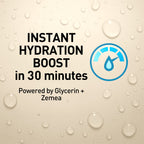 Advertisement for instant hydration boost with text and water droplet graphics on a beige background.