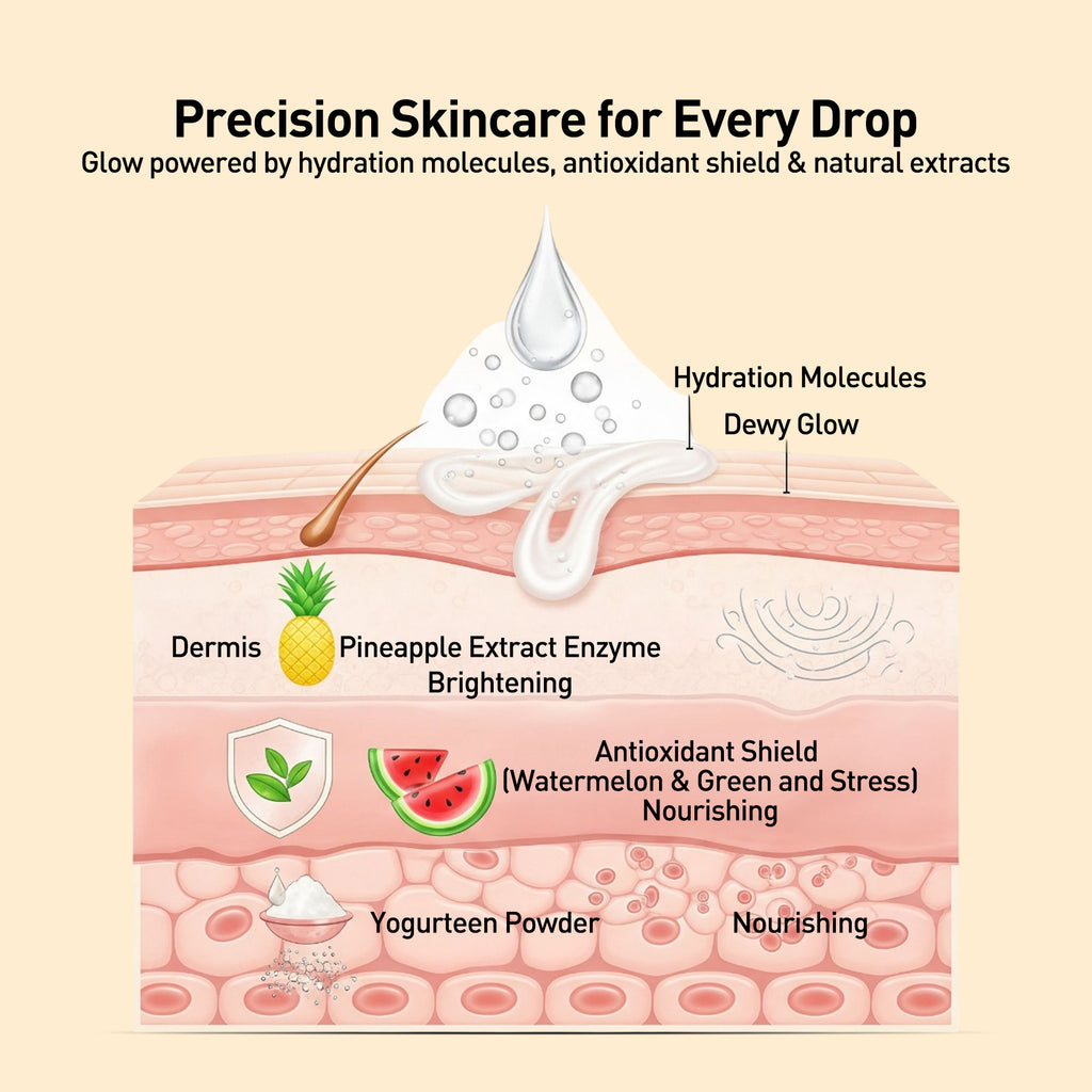 Diagram of skin layers with ingredients and their benefits, labeled 'Precision Skincare for Every Drop'.