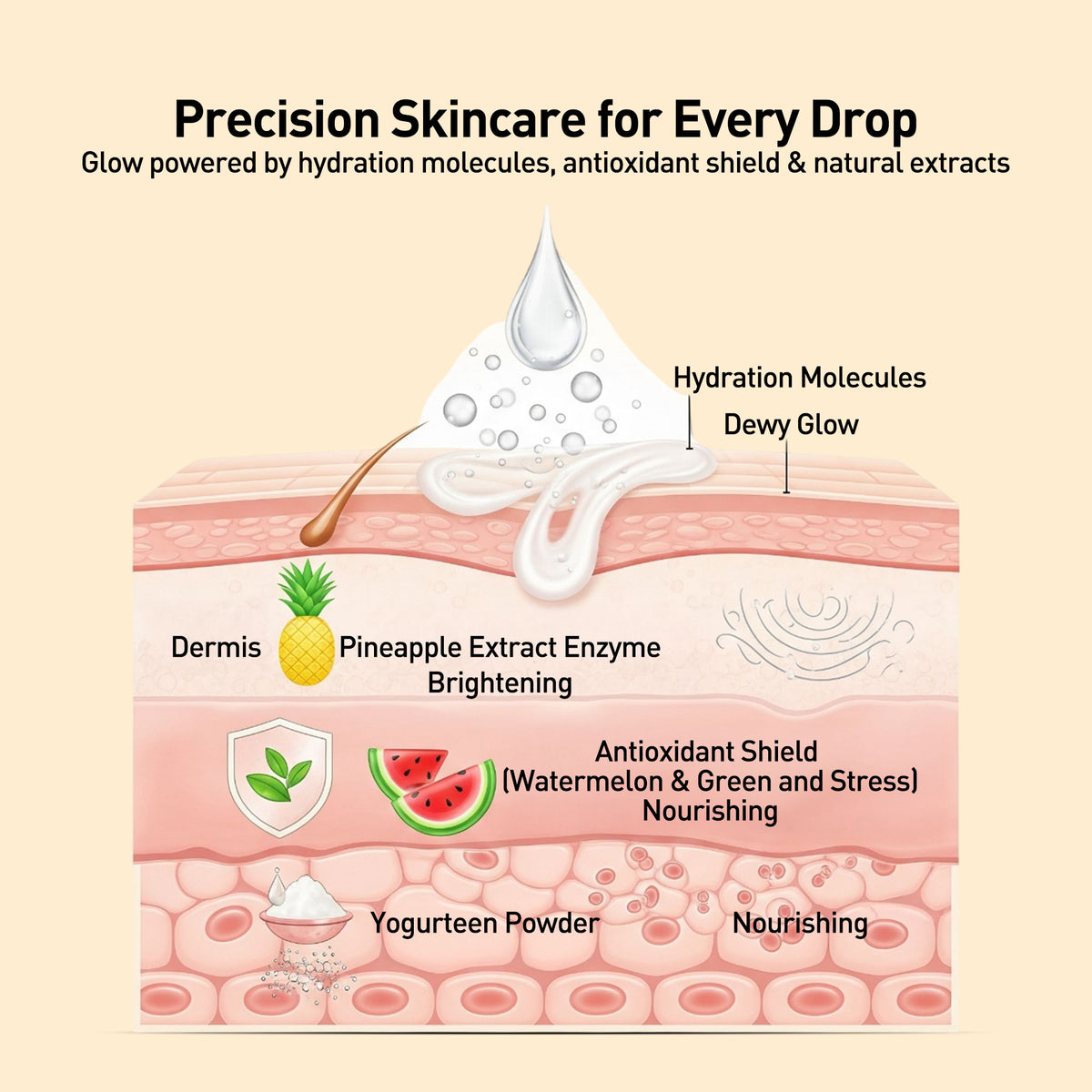 Diagram of skin layers with ingredients and their benefits, labeled 'Precision Skincare for Every Drop'.