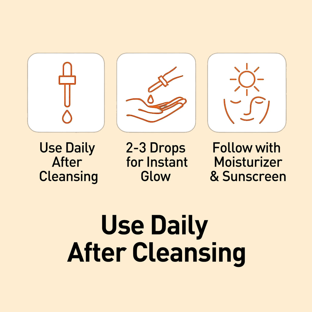 Instructions for using a skincare product with icons and text on a beige background